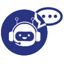 Robot head with headphones and speech bubble on blue background 